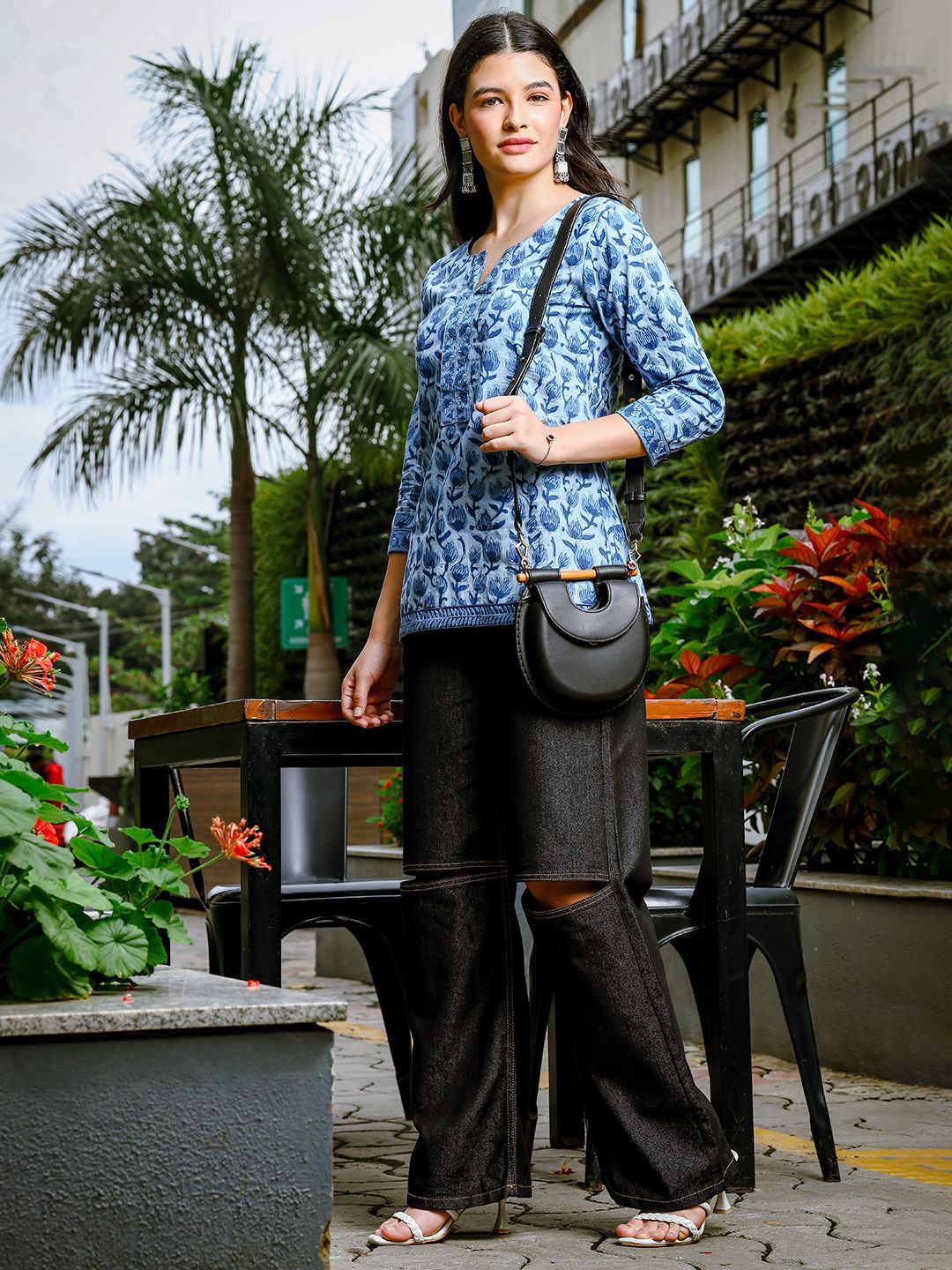 Yufta Sky Blue Cotton Floral Print Hip Length Regular Top
