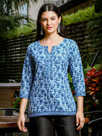 Yufta Sky Blue Cotton Floral Print Hip Length Regular Top