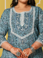 Yufta Sky Blue Cotton Straight Plus Size Kurta Set