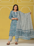 Yufta Sky Blue Cotton Straight Plus Size Kurta Set