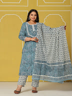 Yufta Sky Blue Cotton Straight Plus Size Kurta Set