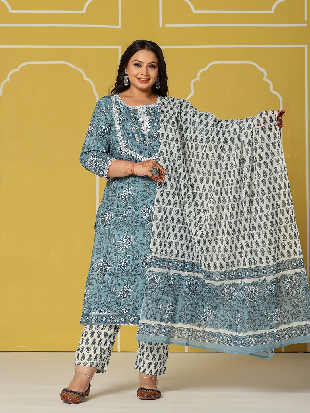 Yufta Sky Blue Cotton Straight Plus Size Kurta Set