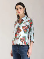 Yufta Sky Blue Pure Cotton Paisley Peplum Top