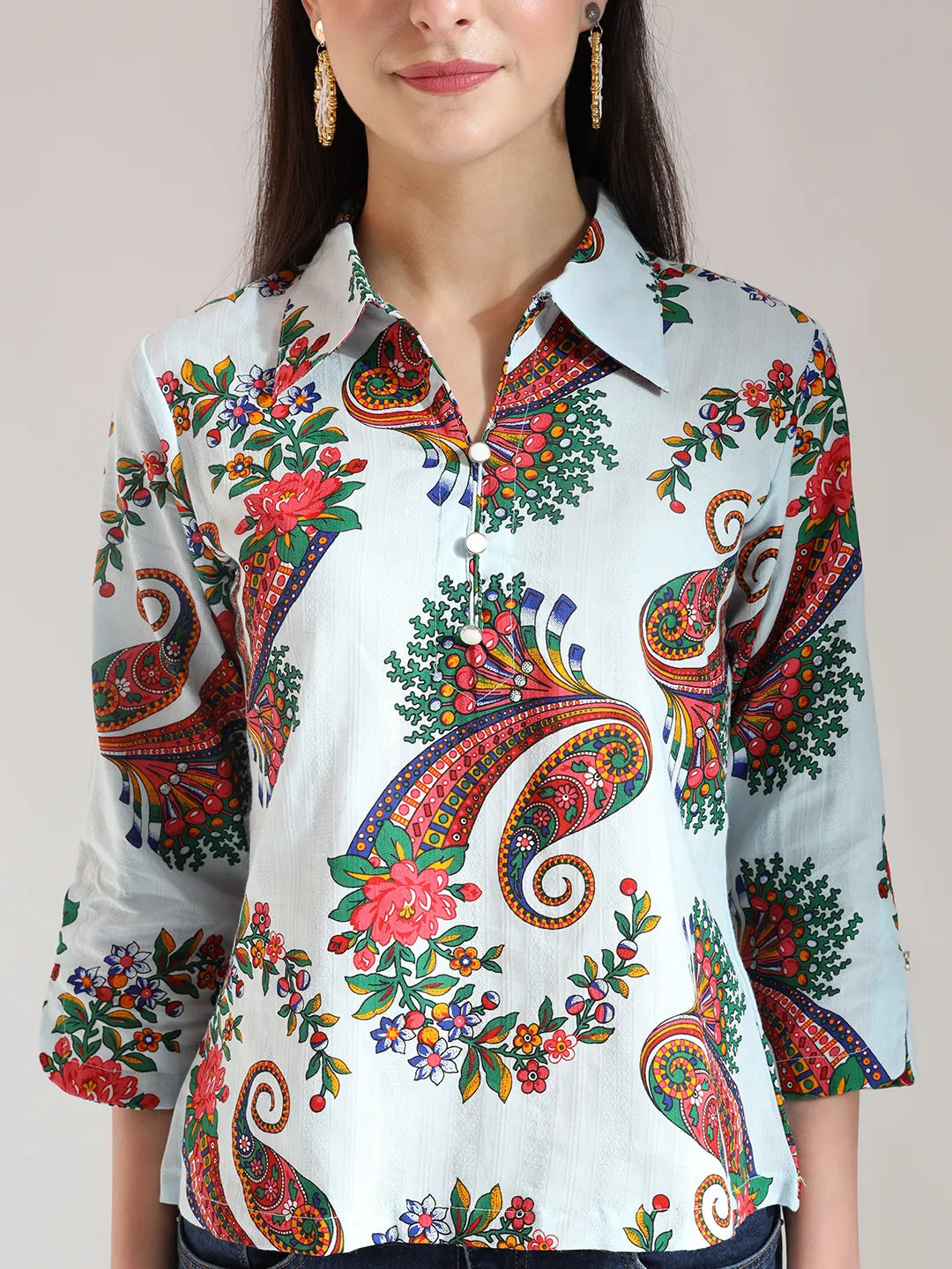 Yufta Sky Blue Pure Cotton Paisley Peplum Top