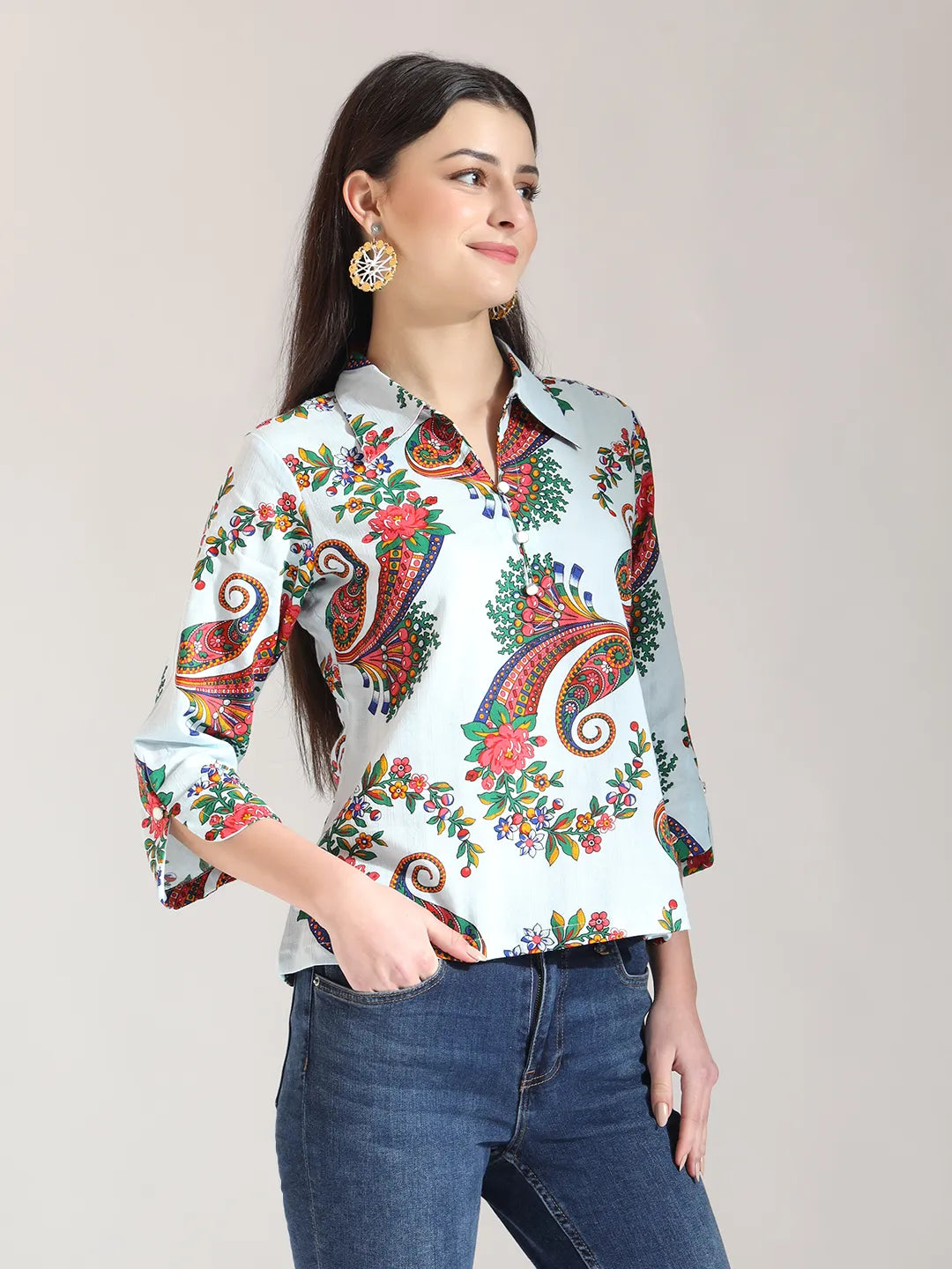 Yufta Sky Blue Pure Cotton Paisley Peplum Top