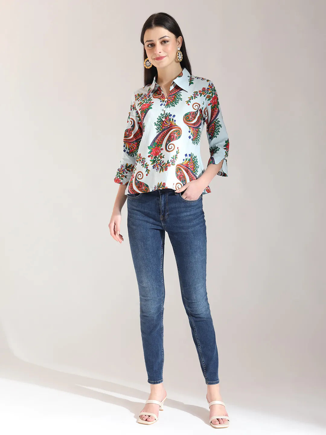 Yufta Sky Blue Pure Cotton Paisley Peplum Top