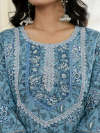 Yufta Sky Blue Pure Cotton Straight Kurta Dupatta Set With Lacework - Distacart