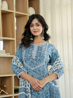 Yufta Sky Blue Pure Cotton Straight Kurta Dupatta Set With Lacework - Distacart
