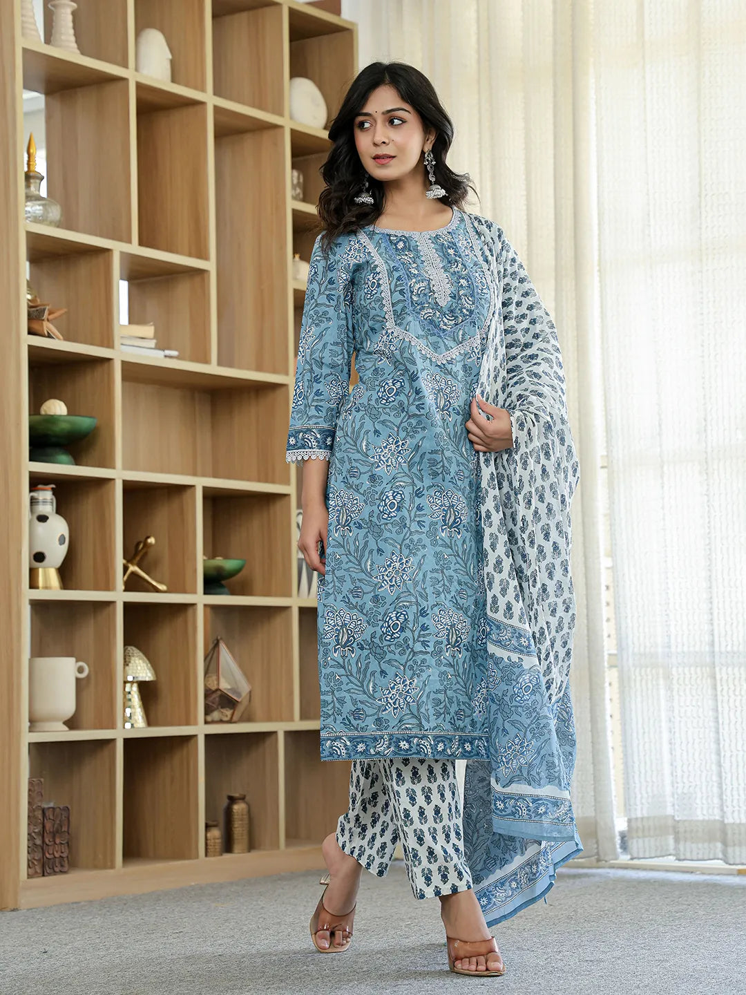 Yufta Sky Blue Pure Cotton Straight Kurta Dupatta Set With Lacework - Distacart