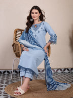 Yufta Sky Blue Solid Thread Work Straight Kurta Trouser Dupatta Set - Distacart