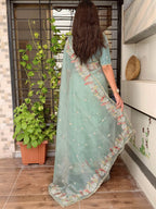 Evanik Leno Net Organza Embroidered Work Saree With Unstitched Blouse - Distacart