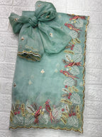 Evanik Leno Net Organza Embroidered Work Saree With Unstitched Blouse - Distacart