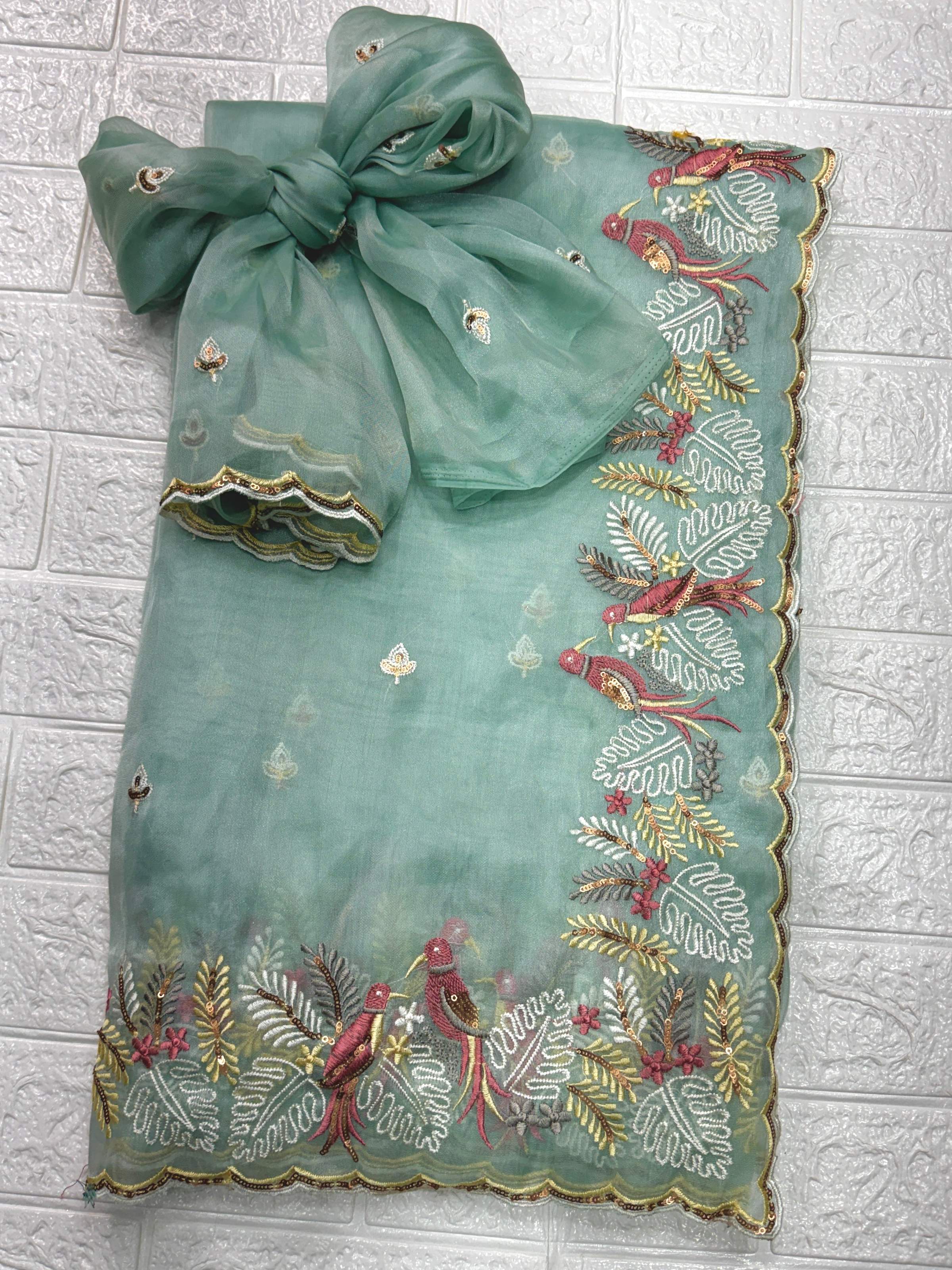 Evanik Leno Net Organza Embroidered Work Saree With Unstitched Blouse - Distacart