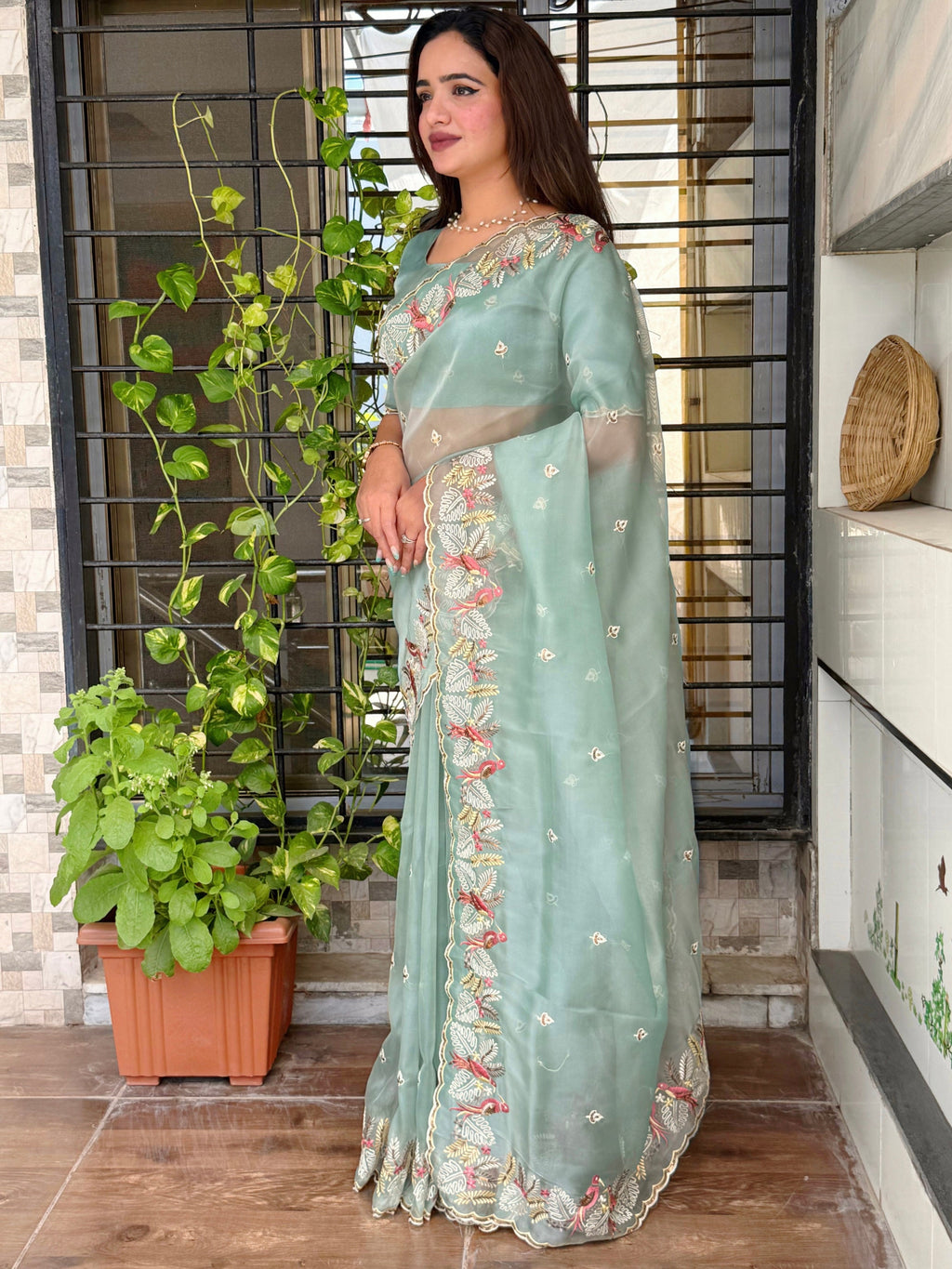 Evanik Leno Net Organza Embroidered Work Saree With Unstitched Blouse - Distacart