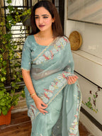 Evanik Leno Net Organza Embroidered Work Saree With Unstitched Blouse - Distacart