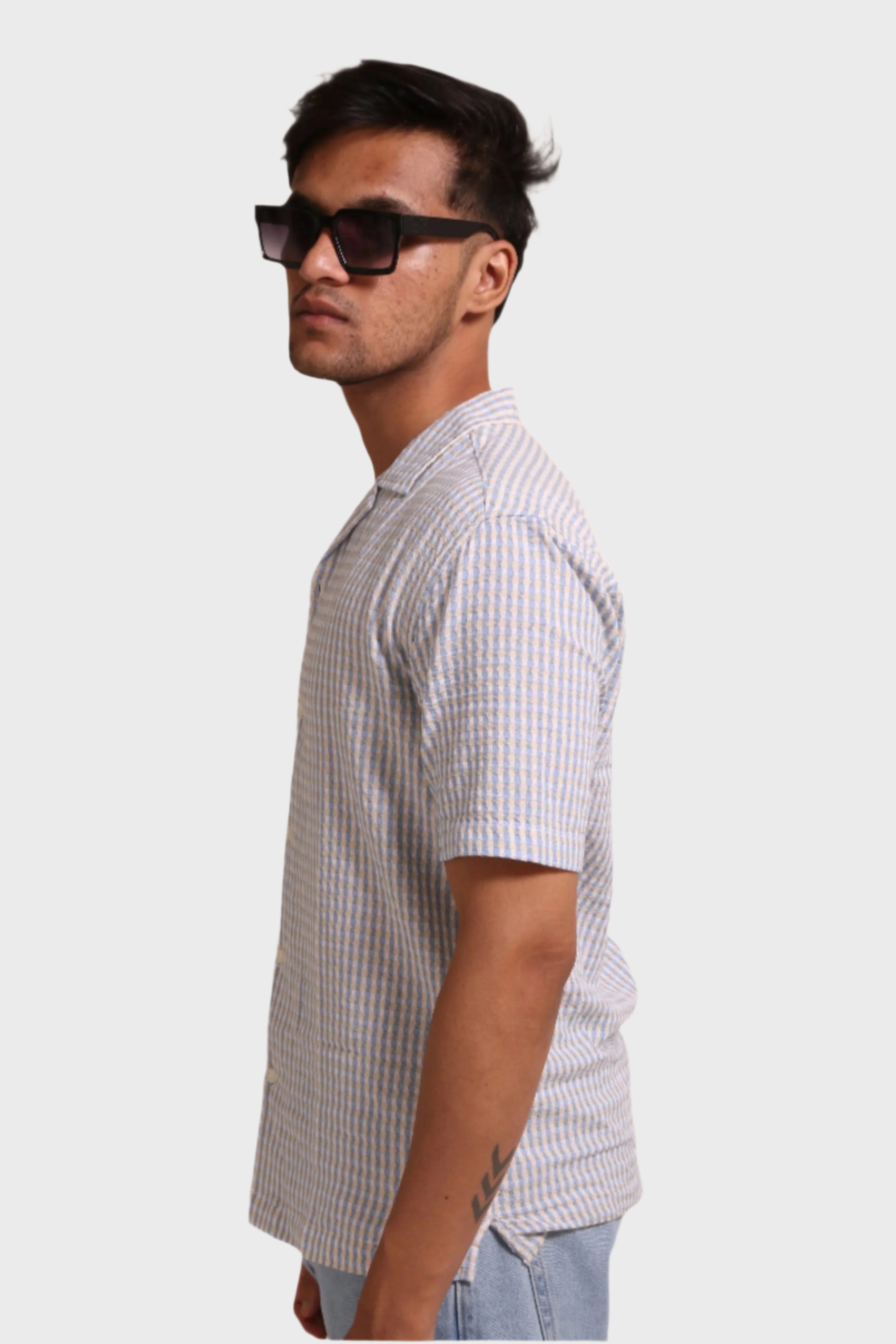 Jonesburg Men's Light Blue Textured Fine Checks Relaxed Fit