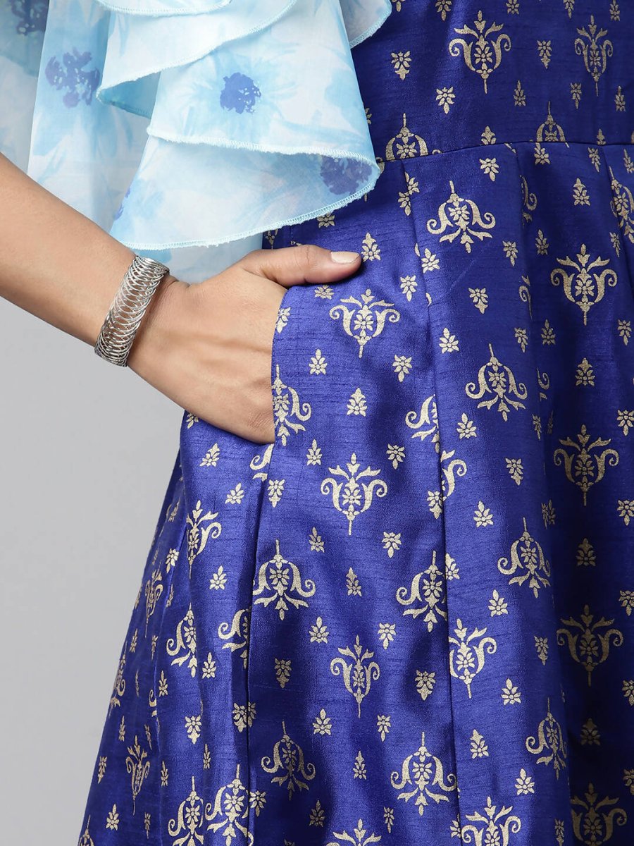 Ahalyaa Women Royal Blue Poly Silk Gold Paste Printed Dress - Distacart