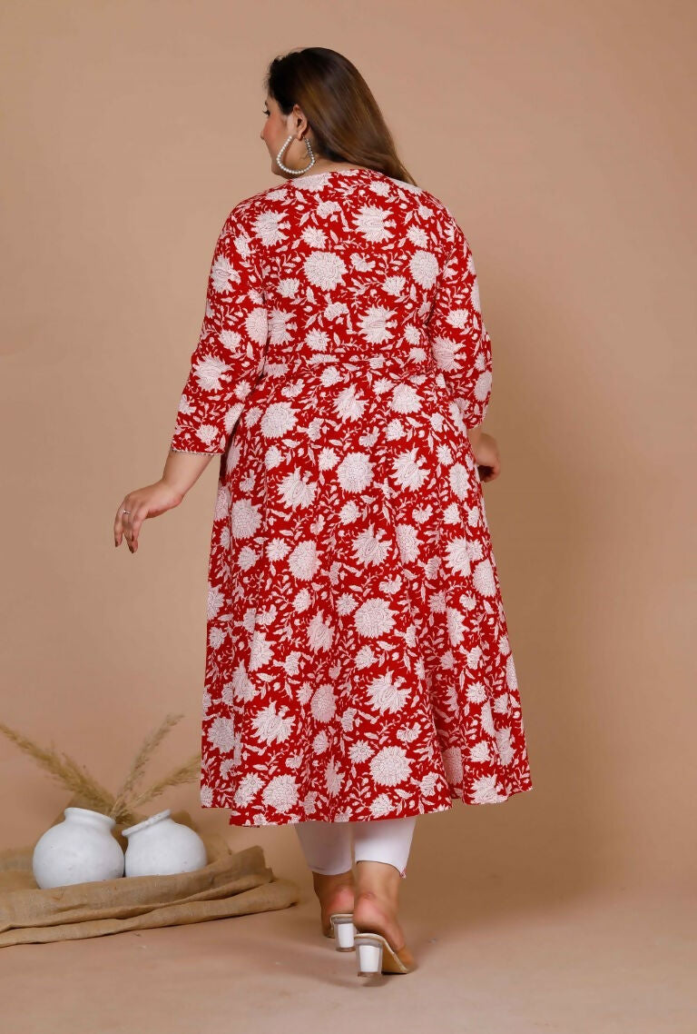 Miravan Women's Plus Size Pure Cotton Floral Printed Anarkali Kurta