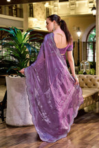 Vastranavya Lavender Embroidery Work Shimmer Chiffon Saree with Unstitched Blouse - Distacart