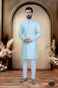 Joban Fashion Men's Green & White Cotton Silk Kurta with Pyjama