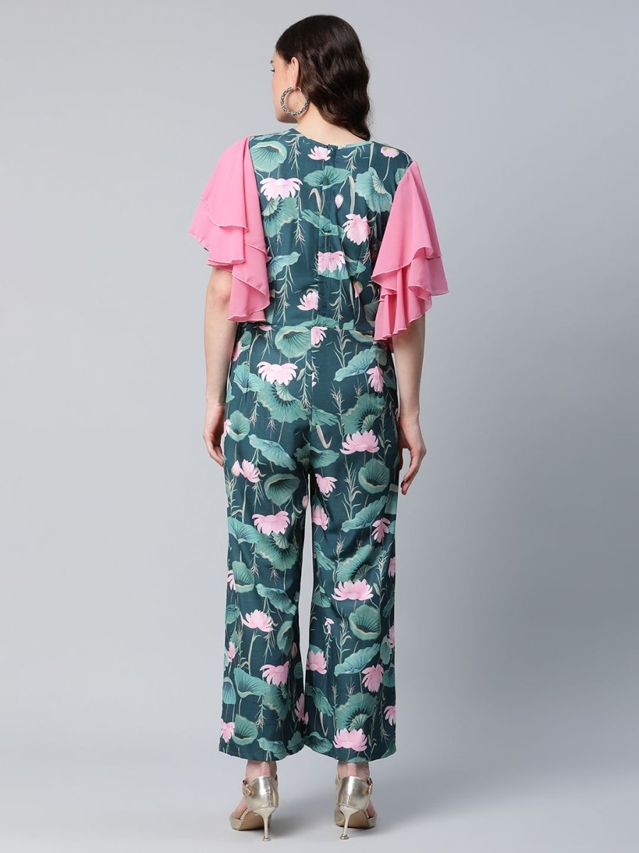 Ahalyaa Women's Dark Green Crepe Printed Jumpsuit