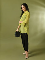 Myshka Women's Yellow Solid Georgette Longline Party Sheer Tunic