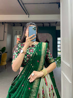 Vastranavya Floral And Patola Print With Foil Work Lehenga with Unstitched Blouse - Green
