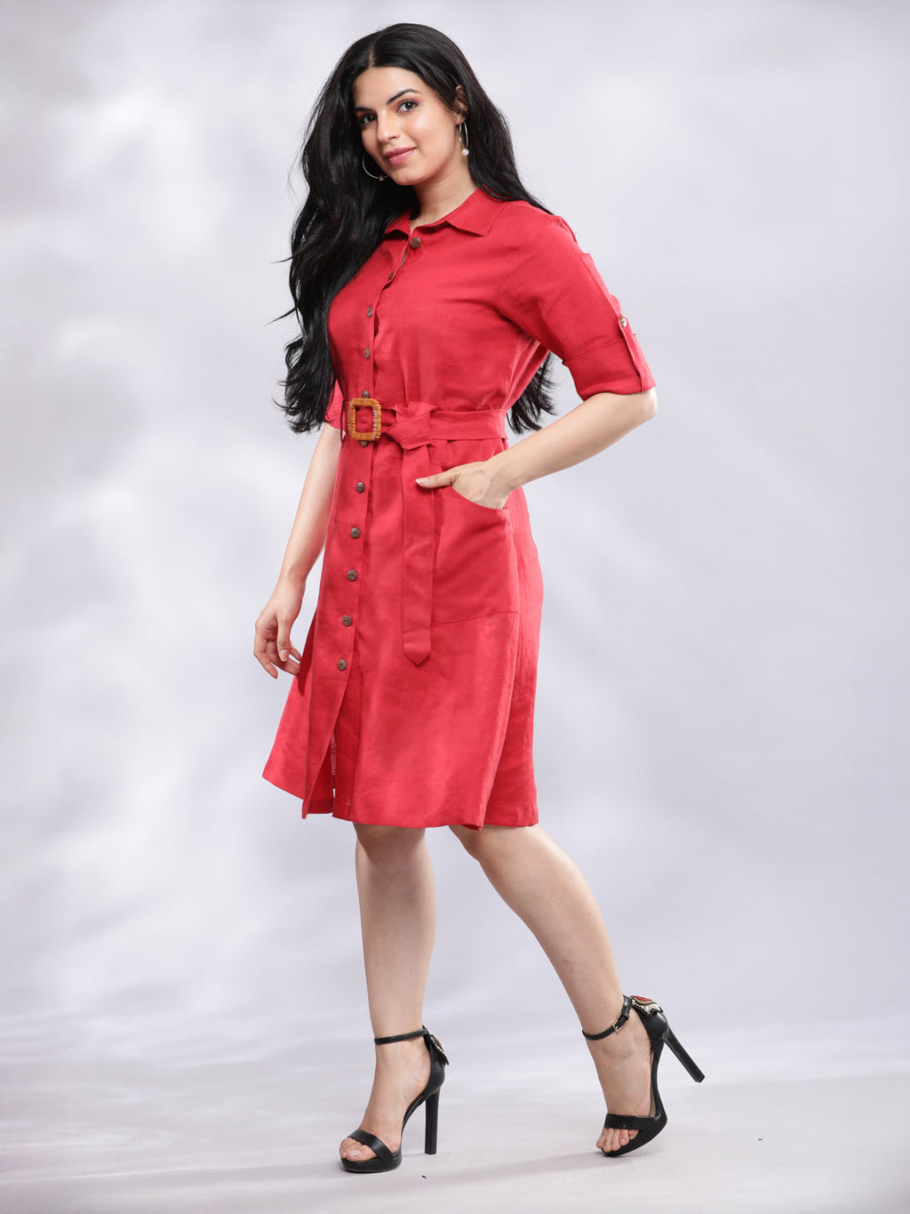 BohoJazz Smart Casual Red Linen Shirt Dress - Distacart