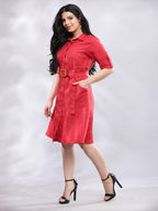 BohoJazz Smart Casual Red Linen Shirt Dress - Distacart