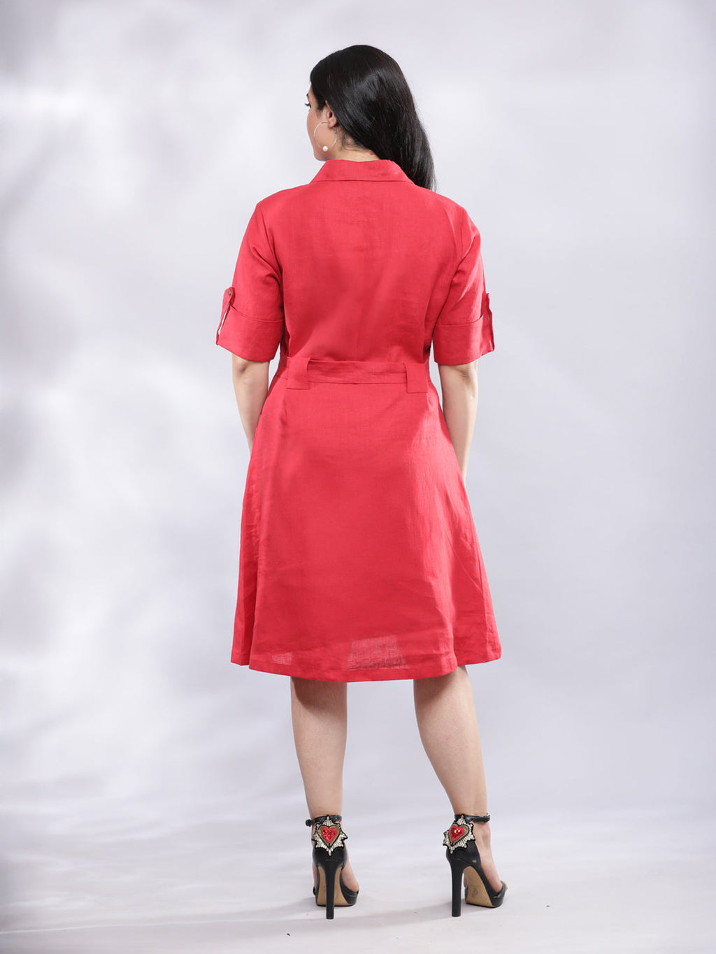 BohoJazz Smart Casual Red Linen Shirt Dress - Distacart