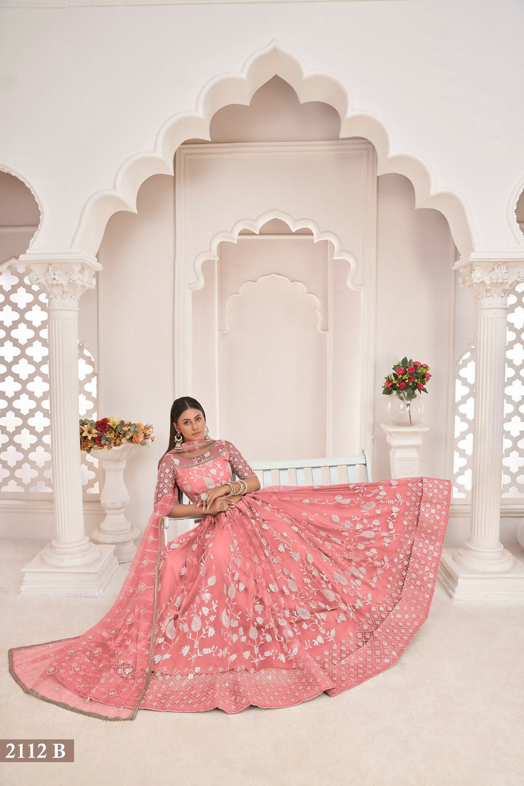 Eilara Women'S Peach Butterfly Net White Cotton Thread And Zari Sequence Embroidered Work Lehenga Choli For Party Wear