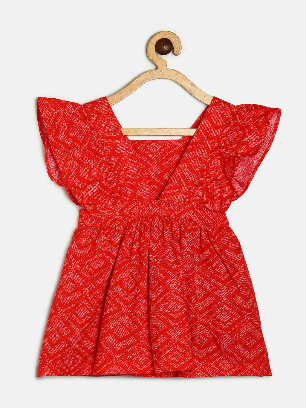 Manet Girls Cotton V Neck Frill Frock Printed - Red