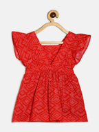 Manet Girls Cotton V Neck Frill Frock Printed - Red