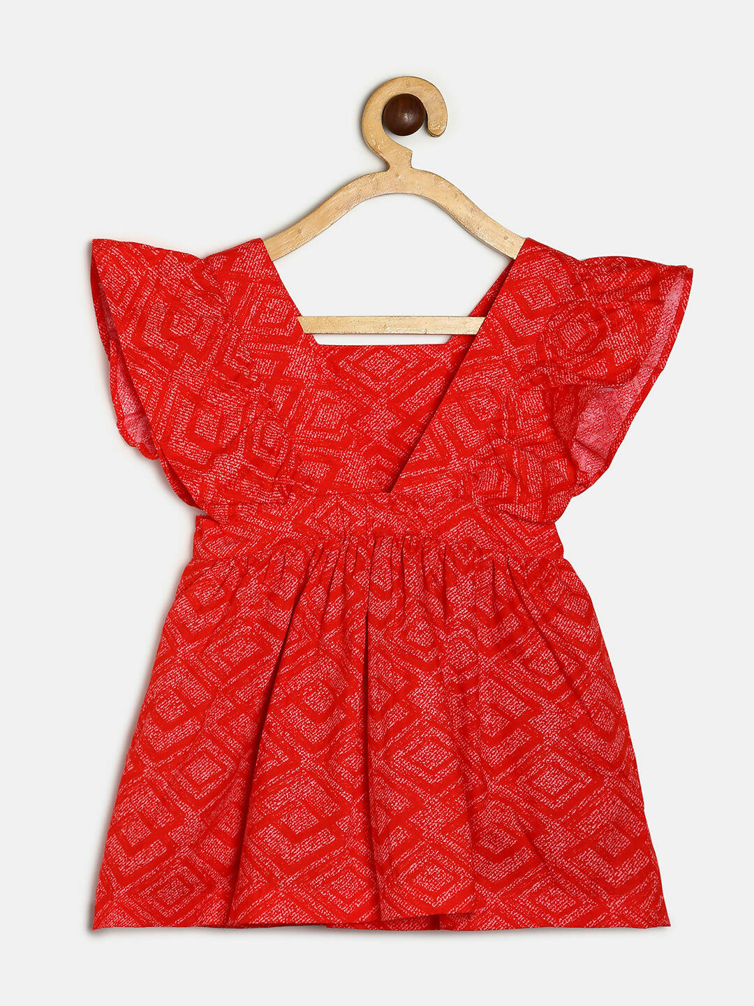 Manet Girls Cotton V Neck Frill Frock Printed - Red