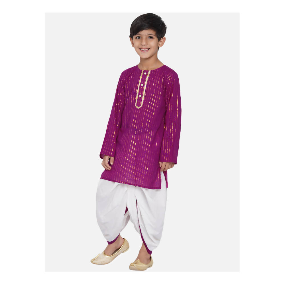 Little Bansi Boys Golden Striped Kurta and Dhoti - Purple and Cream