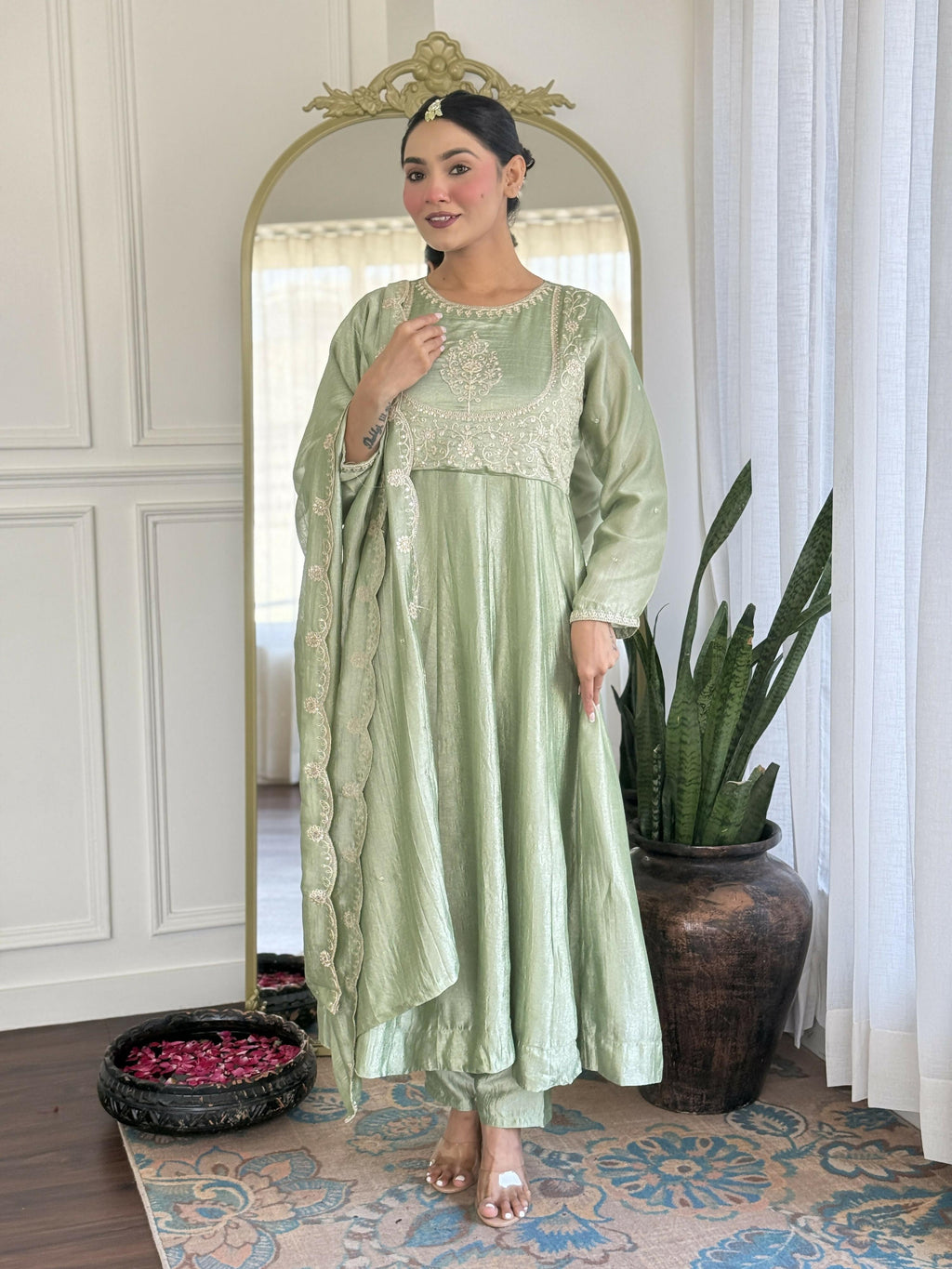 The52 Pista Women's Gorgeous Embroidered Vichitra Silk Fabric Flared Kurta Pant with Dupatta Set - Distacart