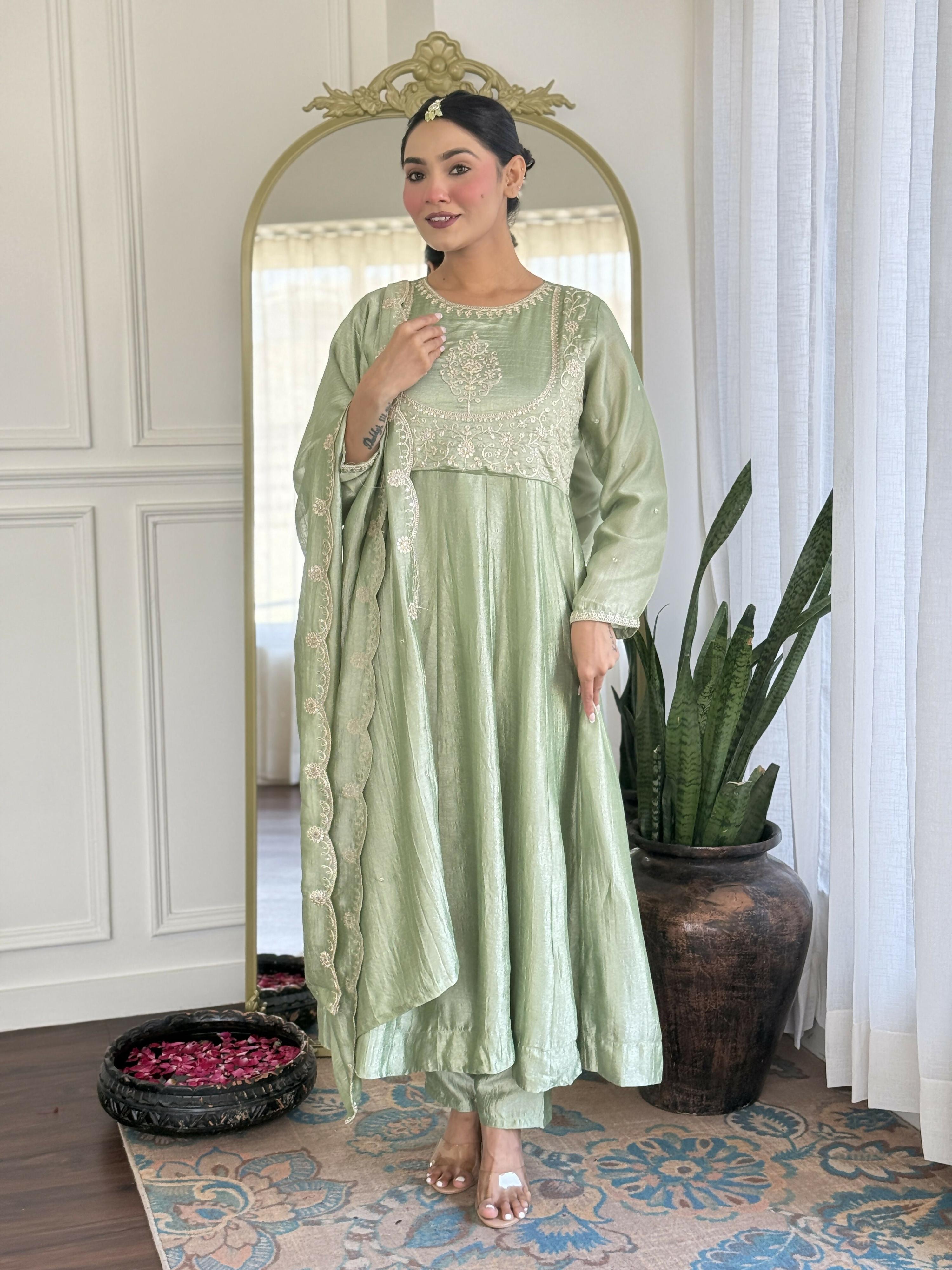 The52 Pista Women's Gorgeous Embroidered Vichitra Silk Fabric Flared Kurta Pant with Dupatta Set - Distacart