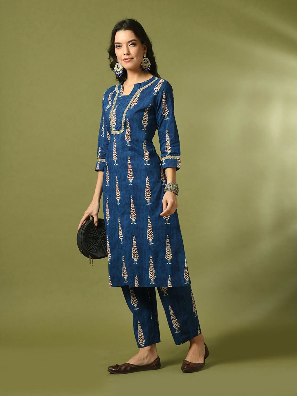 Myshka Women's Blue Printed Cotton Straight Party Kurta Set