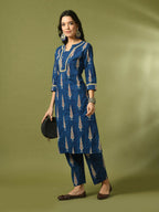 Myshka Women's Blue Printed Cotton Straight Party Kurta Set