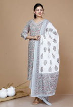 Miravan Women's Plus Size Blue Floral Printed Gota Patti Cotton Kurta With Palazzo