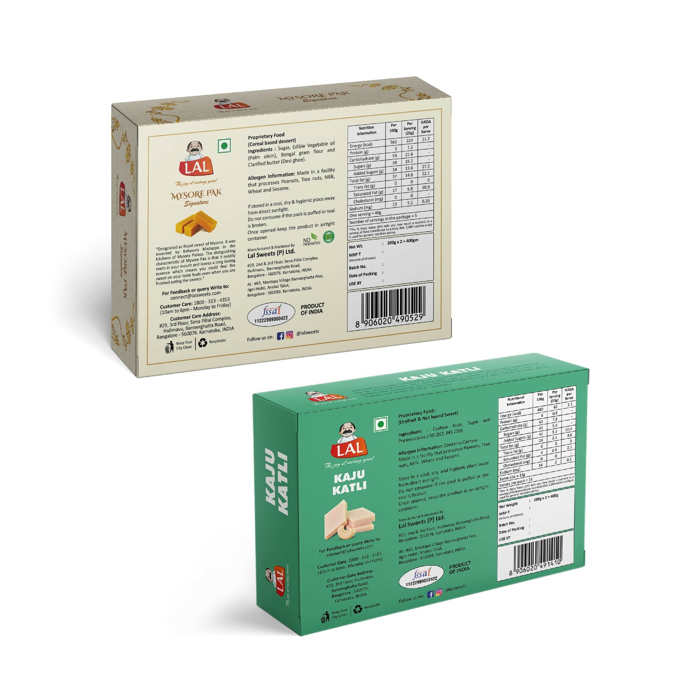 Lal Sweets Combo Pack - Mysore Pak Signature 400Gm And Kaju Katli 400 Gm Gift Pack | Desi Cow Ghee Indian Sweets | Mithai Box - Distacart