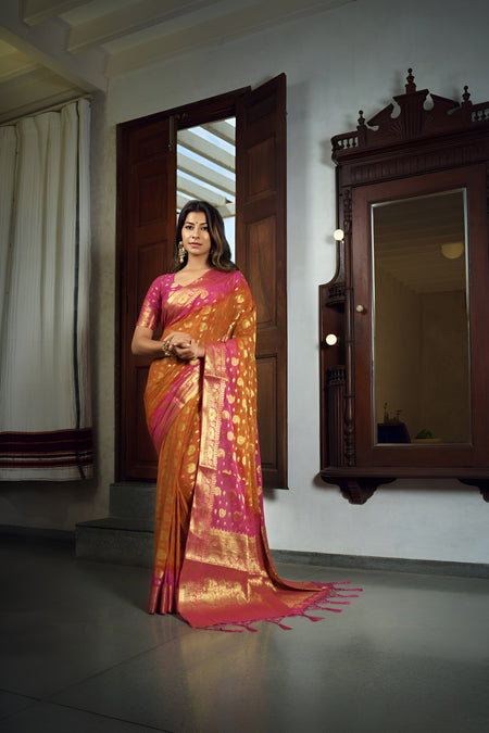Vardha Sunset Orange Golden Zari Banarasi Chiffon Saree