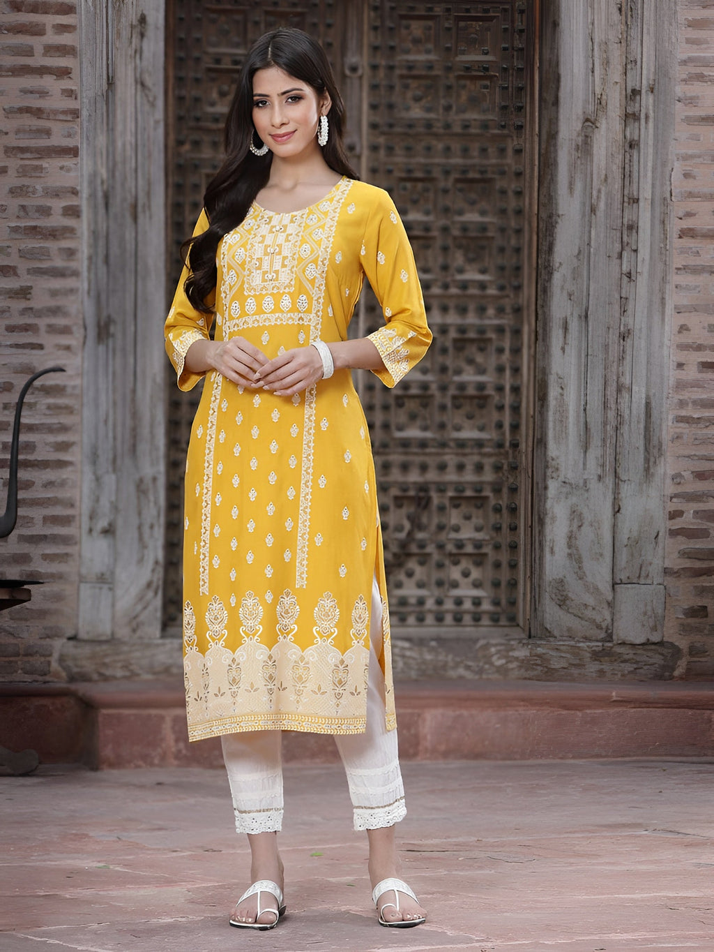 Juniper Women's Mustard Rayon Printed Straight Kurta - Distacart