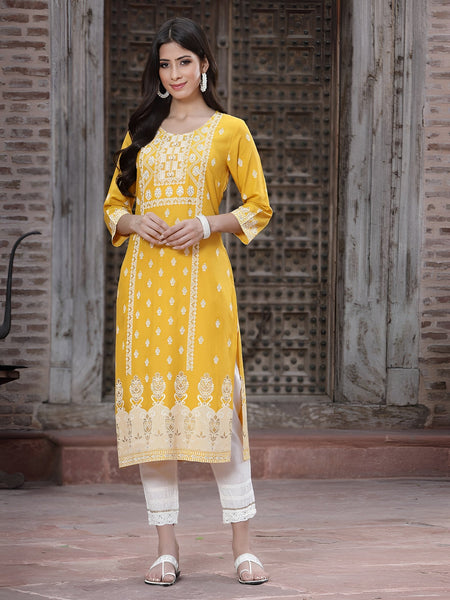 Juniper Women's Mustard Rayon Printed Straight Kurta