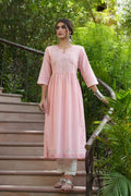 Juniper Peach Cotton Dobby Festive Embroidered A-Line Long Kurta For Women - Distacart