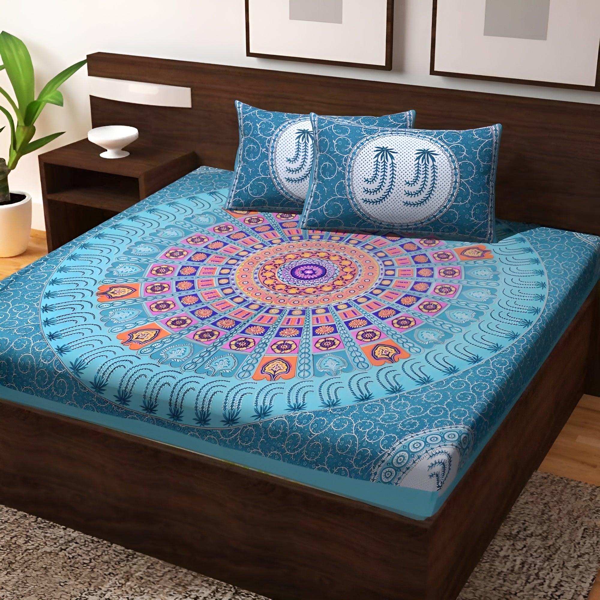 Vamika Printed Cotton Rama Green Bedsheet With Pillow Covers (PM Casino Rama)