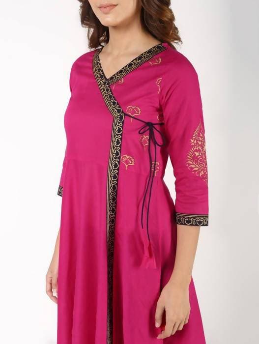 Aniyah Cotton Block Print Angrakha Kurta In Magenta (AN-148K)