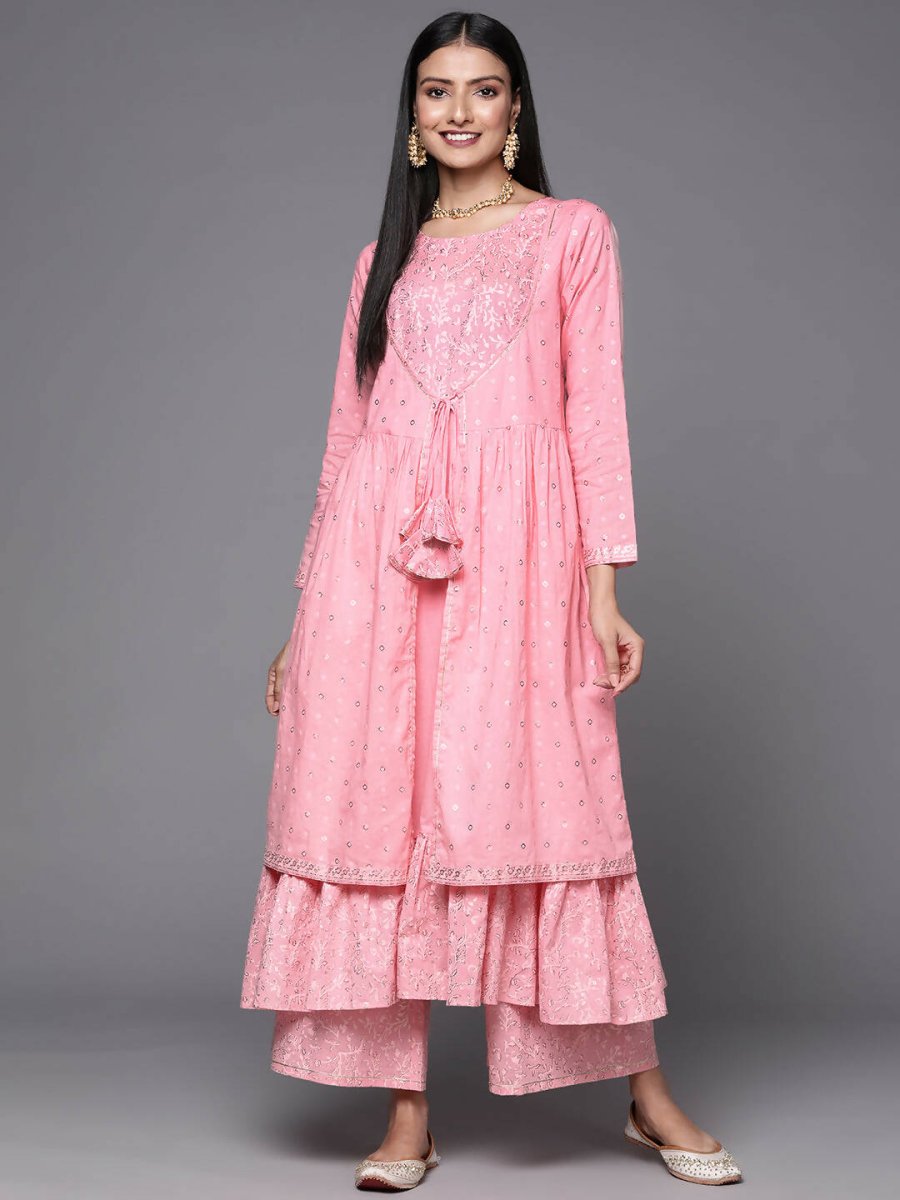Ahalyaa Pink & Gold Ethnic Printed Layered Front Slit Cotton Anarkali Kurta Palazzos - Distacart