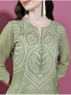 Cheera Women Stylish Hand Block Printed Cotton Blend Flared Kurta - Olive Green