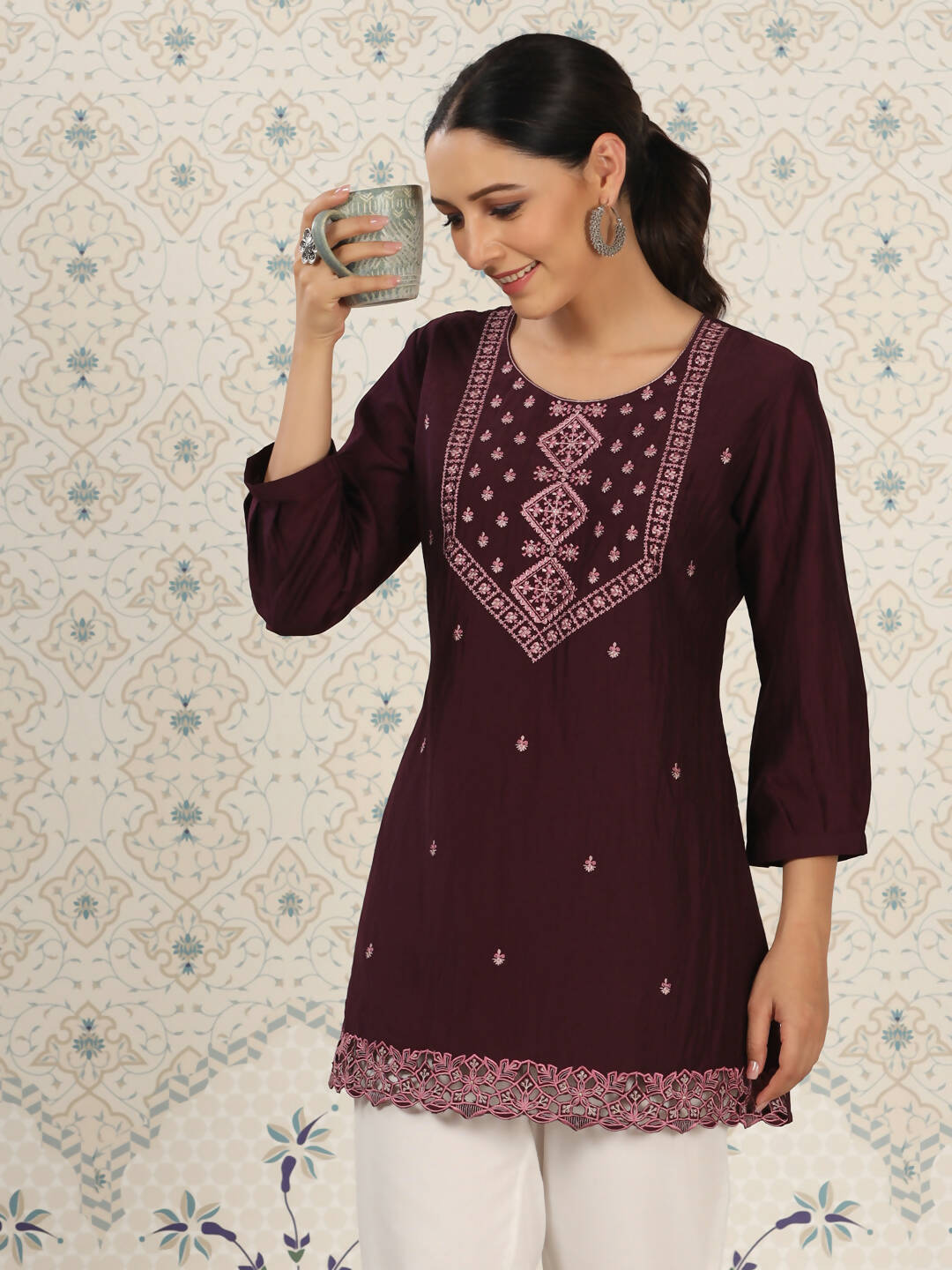 Magenta Chinon Embroidered Straight Top - Zeny